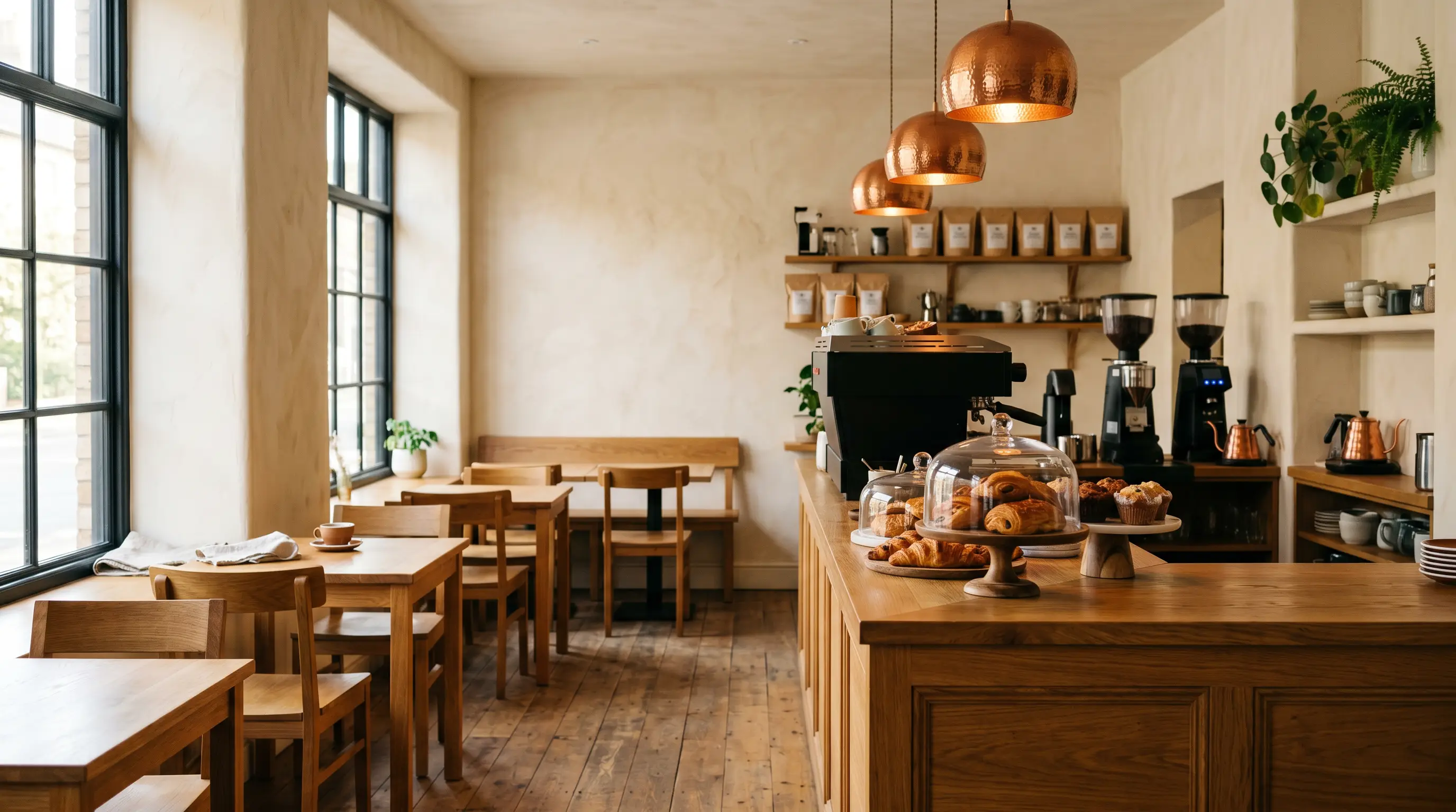 Innenraum des Marlow-Cafés mit Holztischen und Kupferlampen
