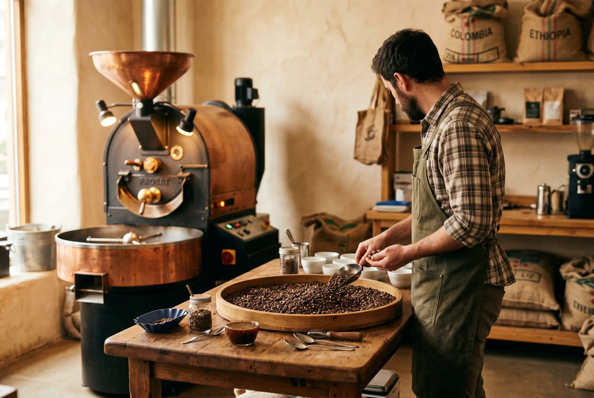 Ein Marlow-Röster prüft frisch geröstete Bohnen am Cupping-Tisch